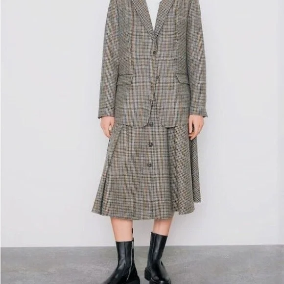 NWOT Zara Multicoloured Houndstooth Print Button-Up Wool Midi Skirt Size S - Picture 3 of 15